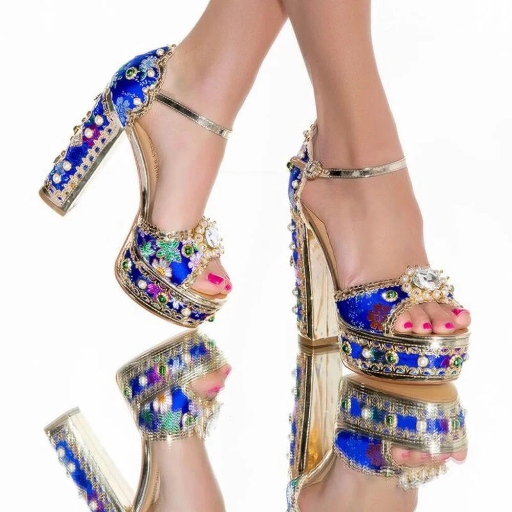 SOLD OUT ❤️ Callie Xhibit: Museum Platform Jeweled Tapestry Gold Pearl Heels 11 - Picture 1 of 5